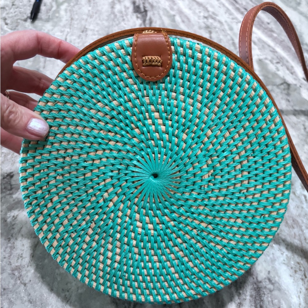 CARLA 8” RATTAN BAG | TURQUOISE REAL RATTAN BAG MADE IN BALI - Picture 2 of 6
